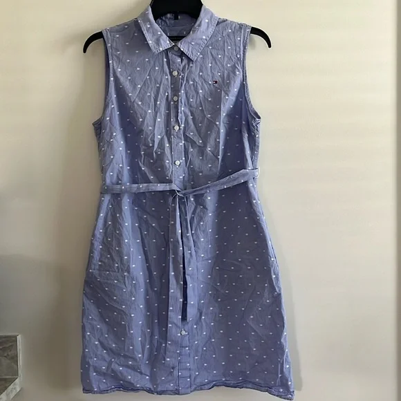 Tommy Hilfiger Classic Button Down Collared Sun Dress Sz 8 Blue Polka Dot White - Picture 2 of 12